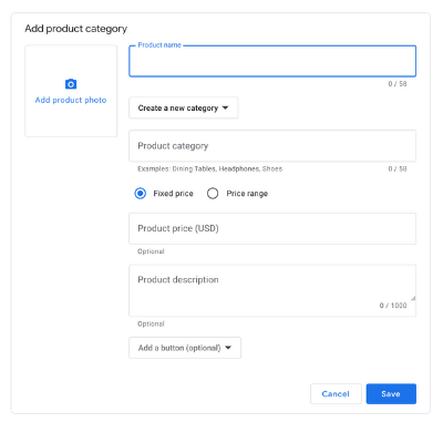 Google My Business Add Product Category Form